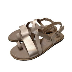 Sorel Sz 10 Ella Criss Cross Flat Sandals Natural Tan Gold Metallic Ankle Strap